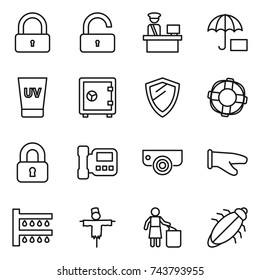 thin line icon set : lock, unlock, customs control, insurance, uv cream, safe, shield, lifebuoy, locked, intercome, surveillance camera, cook glove, watering, scarecrow, garbage bin, bug