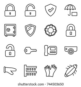 thin line icon set : lock, unlock, protected, insurance, safe, shield, lifebuoy, locked, unlocked, key, intercome, surveillance camera, cook glove, watering, gloves, bug
