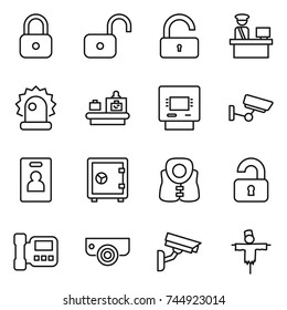thin line icon set : lock, unlock, customs control, alarm, baggage checking, atm, surveillance, identity card, safe, life vest, unlocked, intercome, camera, scarecrow
