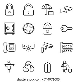 thin line icon set : lock, unlock, insurance, surveillance, safe, lifebuoy, locked, key, intercome, camera, watering, scarecrow, recycling, dry wash, garbage bin