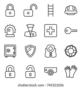 thin line icon set : lock, unlock, stairs, building helmet, alarm, security man, first aid, key, safe, shield, life vest, lifebuoy, locked, unlocked, surveillance camera, gloves