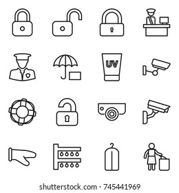 thin line icon set : lock, unlock, customs control, security man, insurance, uv cream, surveillance, lifebuoy, unlocked, camera, cook glove, watering, dry wash, garbage bin