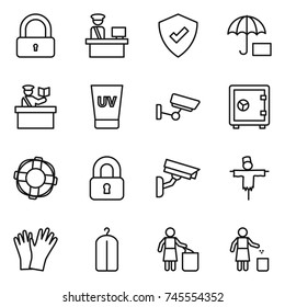 thin line icon set : lock, customs control, protected, inspector, uv cream, surveillance, safe, lifebuoy, locked, camera, scarecrow, gloves, dry wash, garbage bin