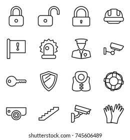 thin line icon set : lock, unlock, building helmet, important flag, alarm, security man, surveillance, key, shield, life vest, lifebuoy, camera, stairs, gloves