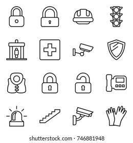 thin line icon set : lock, building helmet, traffic light, detector, first aid, surveillance, shield, life vest, locked, unlocked, intercome, alarm, stairs, camera, gloves