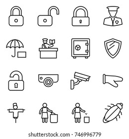 thin line icon set : lock, unlock, security man, insurance, inspector, safe, shield, unlocked, surveillance camera, cook glove, scarecrow, garbage bin, bug