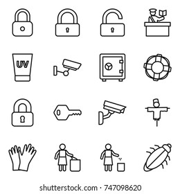 thin line icon set : lock, unlock, inspector, uv cream, surveillance, safe, lifebuoy, locked, key, camera, scarecrow, gloves, garbage bin, bug