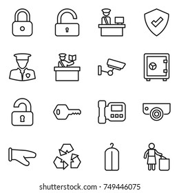 thin line icon set : lock, unlock, customs control, protected, security man, inspector, surveillance, safe, unlocked, key, intercome, camera, cook glove, recycling, dry wash, garbage bin