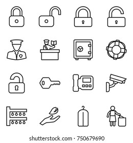 thin line icon set : lock, unlock, security man, inspector, safe, lifebuoy, unlocked, key, intercome, surveillance camera, watering, hand leaf, dry wash, garbage bin