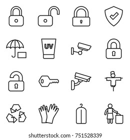 thin line icon set : lock, unlock, protected, insurance, uv cream, surveillance, locked, unlocked, key, camera, scarecrow, recycling, gloves, dry wash, garbage bin
