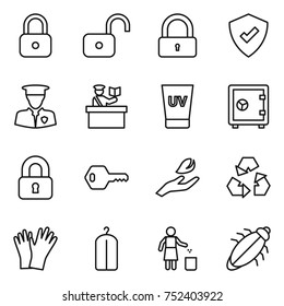thin line icon set : lock, unlock, protected, security man, inspector, uv cream, safe, locked, key, hand leaf, recycling, gloves, dry wash, garbage bin, bug