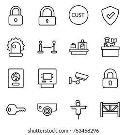 thin line icon set : lock, customs, protected, alarm, vip fence, baggage checking, inspector, passport, atm, surveillance, locked, key, camera, scarecrow, farm