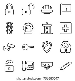 Thin line icon set : lock, unlock, building helmet, important flag, traffic light, alarm, detector, first aid, surveillance, key, shield, life vest, unlocked, intercome, camera, stairs