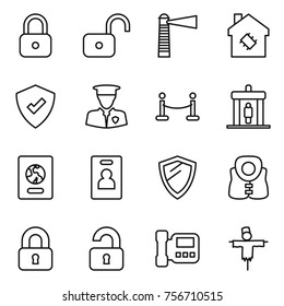 thin line icon set : lock, unlock, lighthouse, smart house, protected, security man, vip fence, detector, passport, identity card, shield, life vest, locked, unlocked, intercome, scarecrow