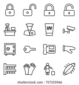 Thin line icon set : lock, unlock, customs control, security man, uv cream, surveillance, safe, key, intercome, cook glove, watering, gloves, garbage bin, bug