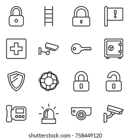 Thin line icon set : lock, stairs, important flag, first aid, surveillance, key, safe, shield, lifebuoy, locked, unlocked, intercome, alarm, camera
