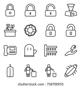 Thin line icon set : lock, unlock, security man, inspector, lifebuoy, locked, unlocked, intercome, cook glove, watering, hand leaf, dry wash, garbage bin, bug