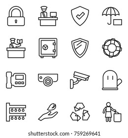 Thin line icon set : lock, customs control, protected, insurance, inspector, safe, shield, lifebuoy, intercome, surveillance camera, cook glove, watering, hand leaf, recycling, garbage bin