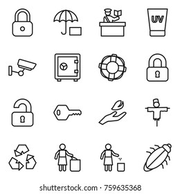 Thin line icon set : lock, insurance, inspector, uv cream, surveillance, safe, lifebuoy, locked, unlocked, key, hand leaf, scarecrow, recycling, garbage bin, bug