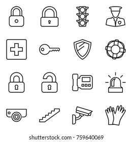 Thin line icon set : lock, traffic light, security man, first aid, key, shield, lifebuoy, locked, unlocked, intercome, alarm, surveillance camera, stairs, gloves