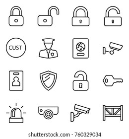 Thin line icon set : lock, unlock, customs, security man, passport, surveillance, identity card, shield, unlocked, key, alarm, camera, farm fence