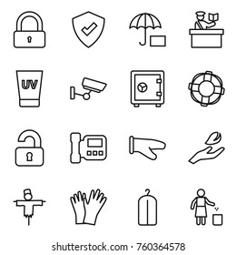 Thin line icon set : lock, protected, insurance, inspector, uv cream, surveillance, safe, lifebuoy, unlocked, intercome, cook glove, hand leaf, scarecrow, gloves, dry wash, garbage bin