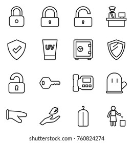 Thin line icon set : lock, unlock, customs control, protected, uv cream, safe, shield, unlocked, key, intercome, cook glove, hand leaf, dry wash, garbage bin