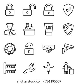 Thin line icon set : lock, unlock, protected, security man, inspector, uv cream, shield, lifebuoy, unlocked, surveillance camera, watering, hand leaf, scarecrow, garbage bin