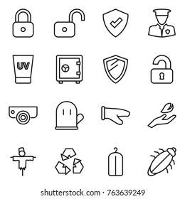 Thin line icon set : lock, unlock, protected, security man, uv cream, safe, shield, unlocked, surveillance camera, cook glove, hand leaf, scarecrow, recycling, dry wash, bug