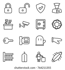 Thin line icon set : lock, unlock, protected, security man, inspector, surveillance, safe, lifebuoy, key, intercome, cook glove, watering, dry wash, garbage bin, bug