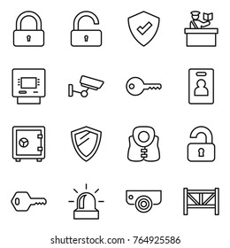 Thin line icon set : lock, unlock, protected, inspector, atm, surveillance, key, identity card, safe, shield, life vest, unlocked, alarm, camera, farm fence