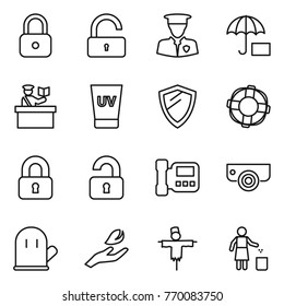 Thin line icon set : lock, unlock, security man, inspector, uv cream, shield, lifebuoy, locked, unlocked, intercome, surveillance camera, cook glove, hand leaf, scarecrow, garbage bin