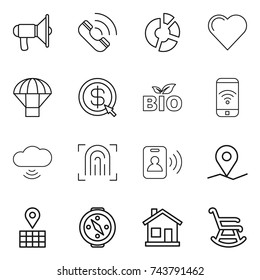 thin line icon set : loudspeaker, call, circle diagram, heart, parachute, dollar arrow, bio, phone wireless, cloud, fingerprint, pass card, geo pin, map, compass, home, rocking chair