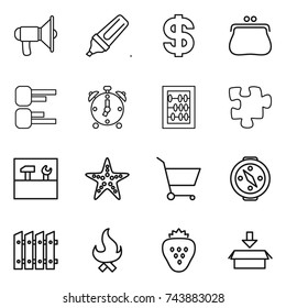 thin line icon set : loudspeaker, marker, dollar, purse, diagram, alarm clock, abacus, puzzle, tools, starfish, cart, compass, fence, fire, strawberry, package
