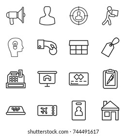thin line icon set : loudspeaker, man, target audience, courier, bulb head, hand coin, market, label, cashbox, presentation, credit card, clipboard pen, taxi, ticket, identity, house