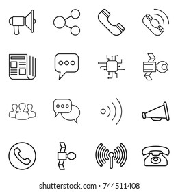 thin line icon set : loudspeaker, share, phone, call, newspaper, message, chip, satellite, group, discussion, wireless