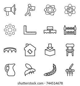 thin line icon set : loudspeaker, courier, atom, round around, ruler, block wall, gothic architecture, bridge, smart house, package, chair, jug, wasp, peas, vacuum cleaner