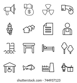 thin line icon set : loudspeaker, money gift, nuclear, hand coin, spark plug, houses, document, workman, pool, stool, bed, trees, warehouse, fish, factory, kitchen cleaning