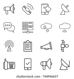 thin line icon set : loudspeaker, call, touch, satellite antenna, discussion, server, cloude service, cloud wireless, clipboard, phone, mobile checking