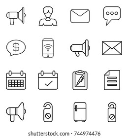 thin line icon set : loudspeaker, woman, mail, message, money, phone wireless, megafon, calendar, terms, clipboard pen, document, do not distrub, fridge