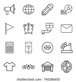 thin line icon set : loudspeaker, globe, pencil, diagram, flag, alarm clock, gift, mail, calculator, phone wireless, crypto currency, cashbox, t shirt, drawbridge, garage, compass