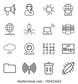 thin line icon set : loudspeaker, call center, chip, notebook globe, connect, virus, wireless, server, cloud, web cam, invoice, documents, trash bin, bug
