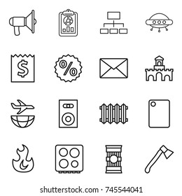 thin line icon set : loudspeaker, report, hierarchy, ufo, receipt, percent, mail, fort, plane shipping, speaker, radiator, cutting board, fire, hob, pasta, axe