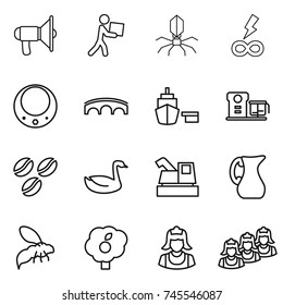 thin line icon set : loudspeaker, courier, virus, infinity power, necklace, bridge, port, food processor, coffee seeds, goose, harvester, jug, wasp, garden, cleaner, outsource
