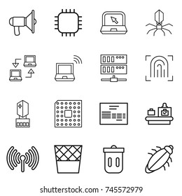 thin line icon set : loudspeaker, chip, notebook, virus, connect, wireless, server, fingerprint, crystall memory, cpu, invoice, baggage checking, trash bin, bug
