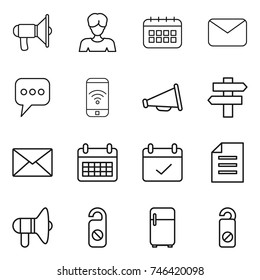 thin line icon set : loudspeaker, woman, calendar, mail, message, phone wireless, singlepost, terms, document, do not distrub, fridge