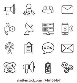 thin line icon set : loudspeaker, share, group, mail, satellite, antenna, server, phone pay, clipboard, balloon, remote control, gears