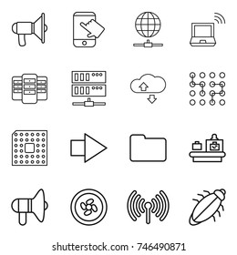 thin line icon set : loudspeaker, touch, globe connect, notebook wireless, server, cloude service, chip, cpu, right arrow, documents, baggage checking, cooler fan, bug