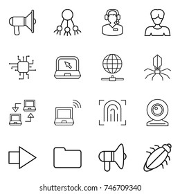 thin line icon set : loudspeaker, share, call center, woman, chip, notebook, globe connect, virus, wireless, fingerprint, web cam, right arrow, documents, bug
