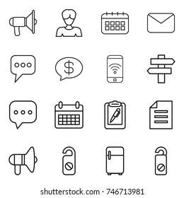 thin line icon set : loudspeaker, woman, calendar, mail, message, money, phone wireless, singlepost, sms, clipboard pen, document, do not distrub, fridge